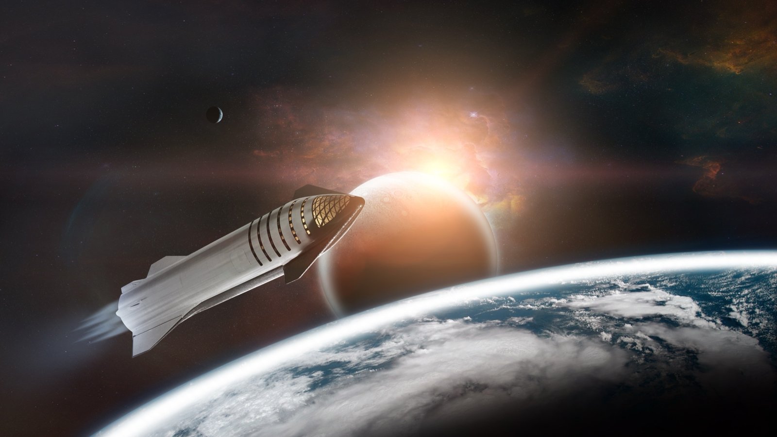Starship raketa nad Zemou, v pozadí Mesiac a Slnko